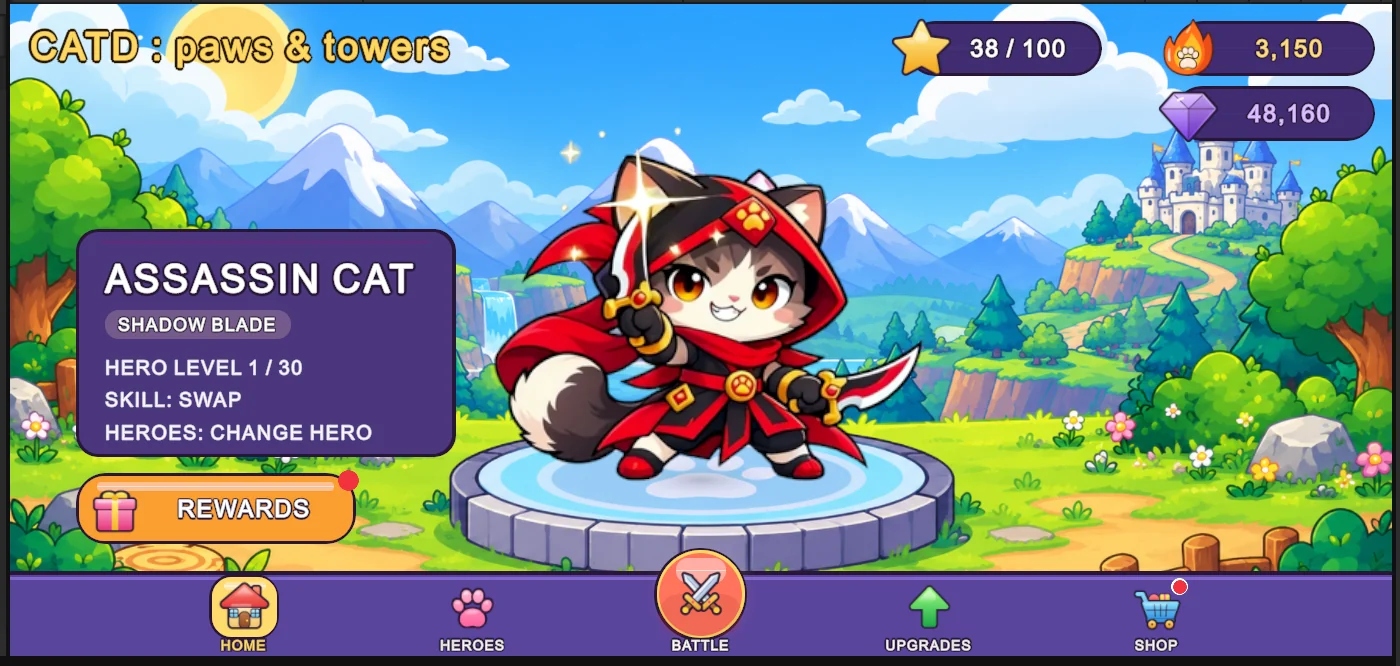 CATD: Paws & Towers home screen (development build)